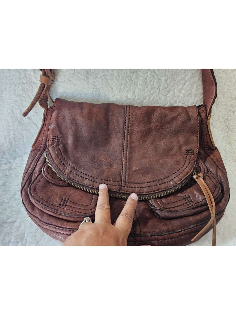 Lucky Brand Stash Fold Over Purse Hobo Bag Vintage Brown Lambskin Leather Boho - Picture 5 of 16